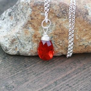 Wire Wrapped Briolette Fire Opal Pendant Sterling Silver, October Birthstone